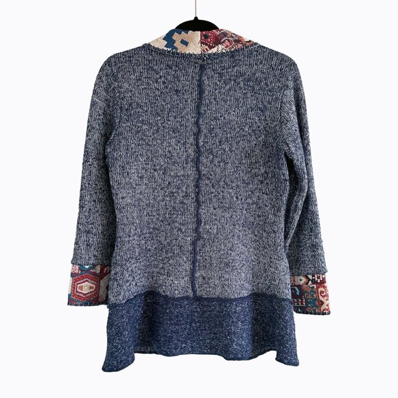 Sioni Knit Cardigan Sweater Sz M Navy Patchwork Southwestern Tapestry Trim Boho - Picture 4 of 10